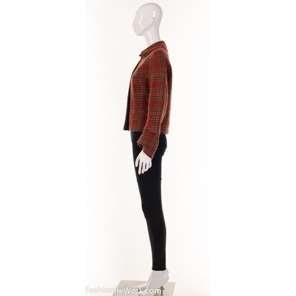 50s RED Plaid Tweed Cropped Jacket Long Sculptural Sleeves Red Plaid Jacke - Picture 5 of 5